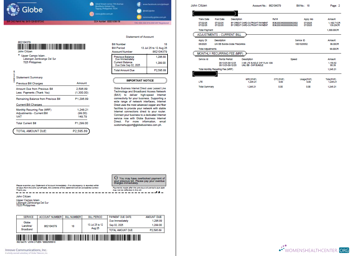 download download Philippines Globe utility bill template in Word and PDF formats, 2 pages PDF template PDF template